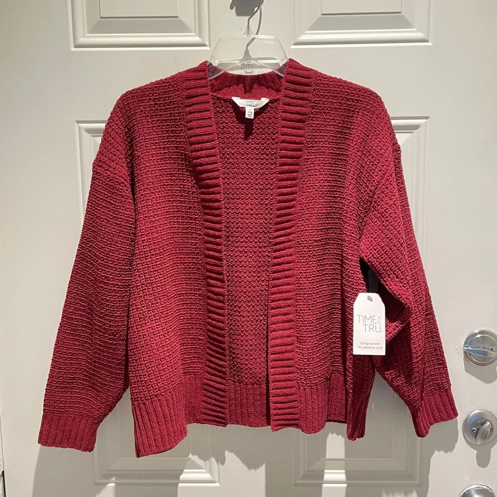 Time and Tru Burgundy Red Soft Chenille Open Front Cardigan Sweater Size Small